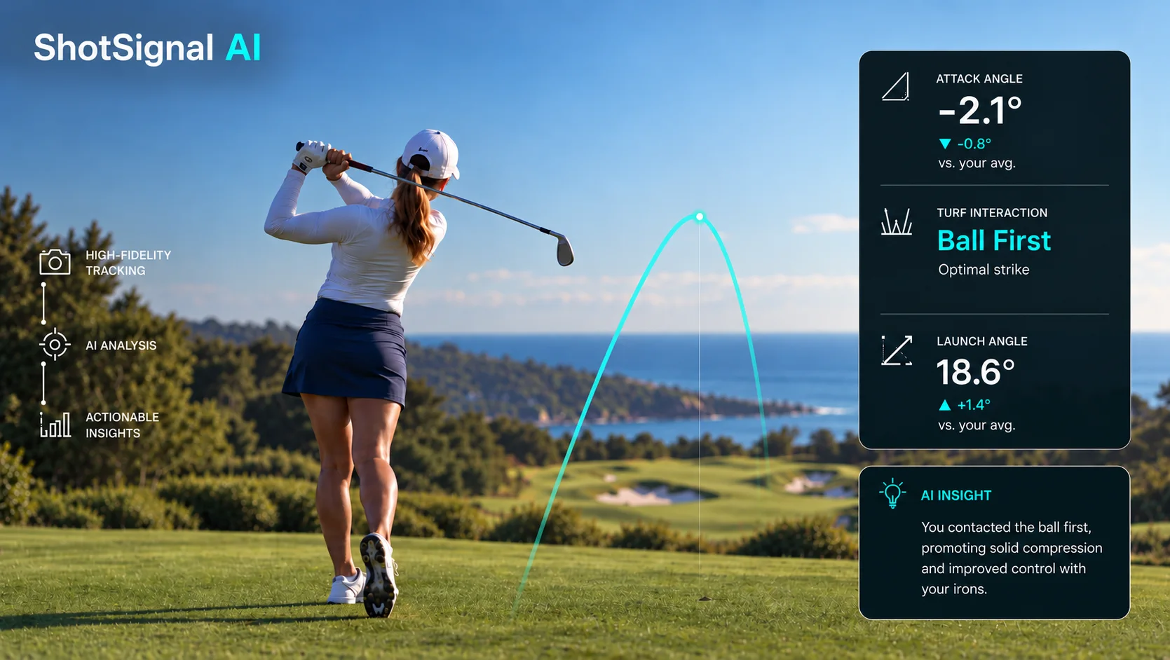 ShotSignal AI concept visualization: a golfer mid-swing with attack angle, turf interaction and launch angle metrics